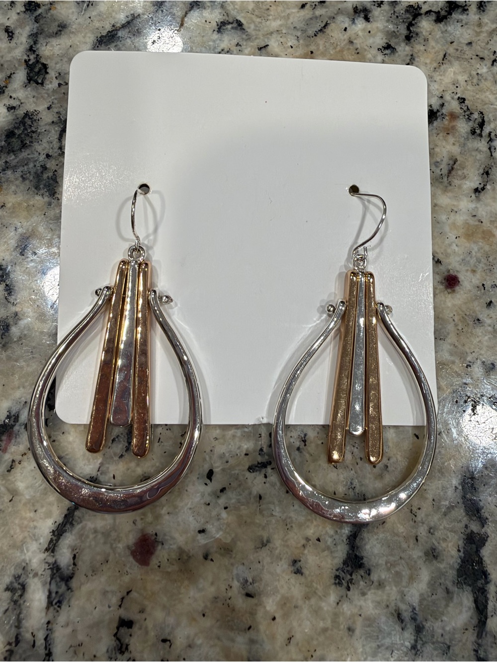 Silver & Gold Tone Hammered Teardrop Dangle Hook Earrings Bar Accents